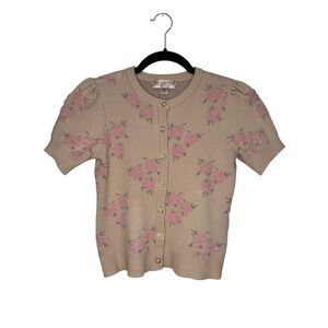 Forward Women’s Small Short Sleeve Floral Embroidered Sweater Button Front